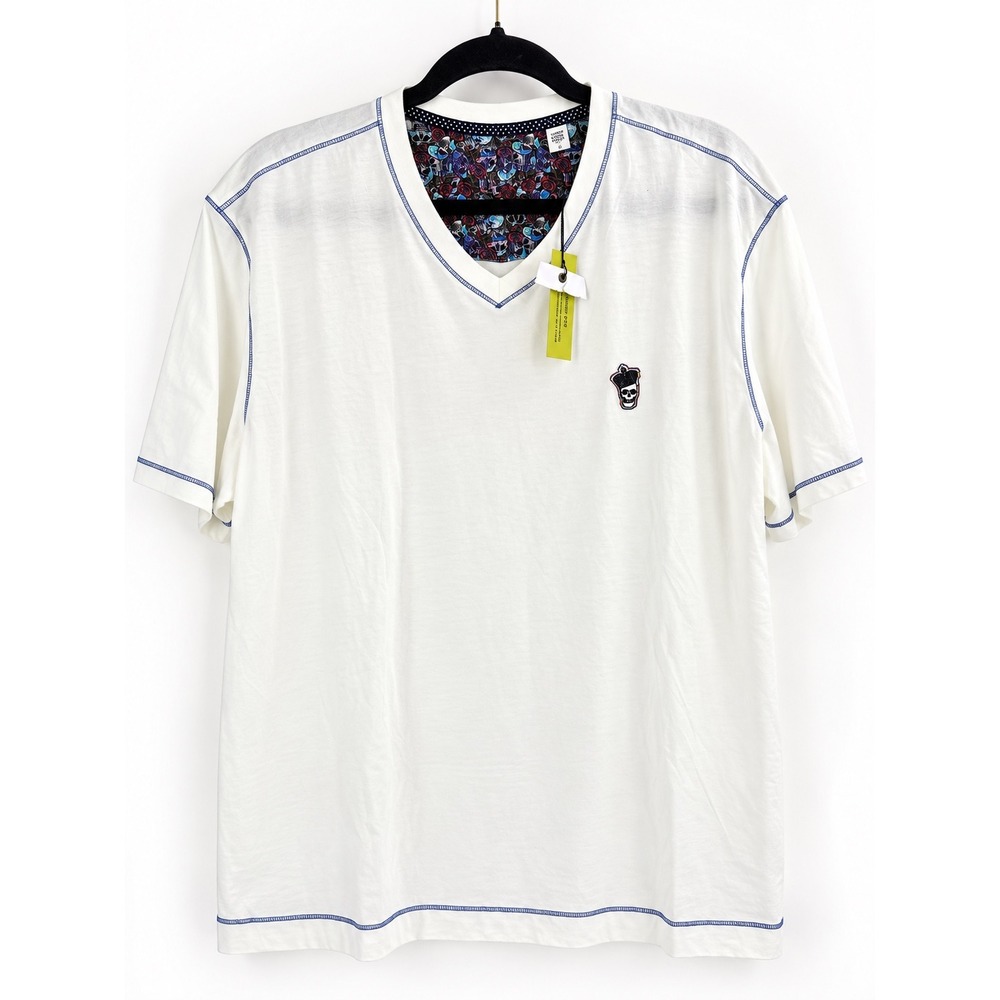 Robert Graham Damien Shirt Mens 2XL White Skull V-Neck Contrast Stitch Edgy